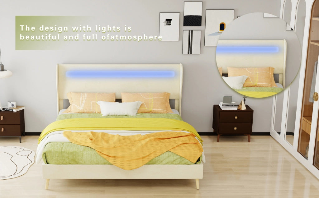 Letto Moderno Imbottito 160x200 cm con Testiera LED Integrata, Beige, Struttura Bassa Senza Contenitore, Materasso Incluso
