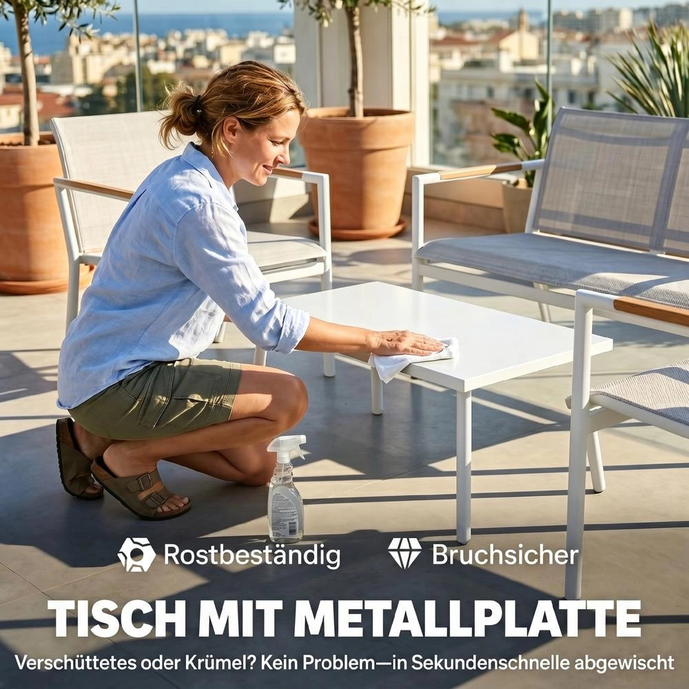 Set Salotto da Giardino 4 Posti con Divano 2 Posti 2 Poltrone e Tavolino in Metallo per Terrazzo e Giardino Robusto e Traspirante