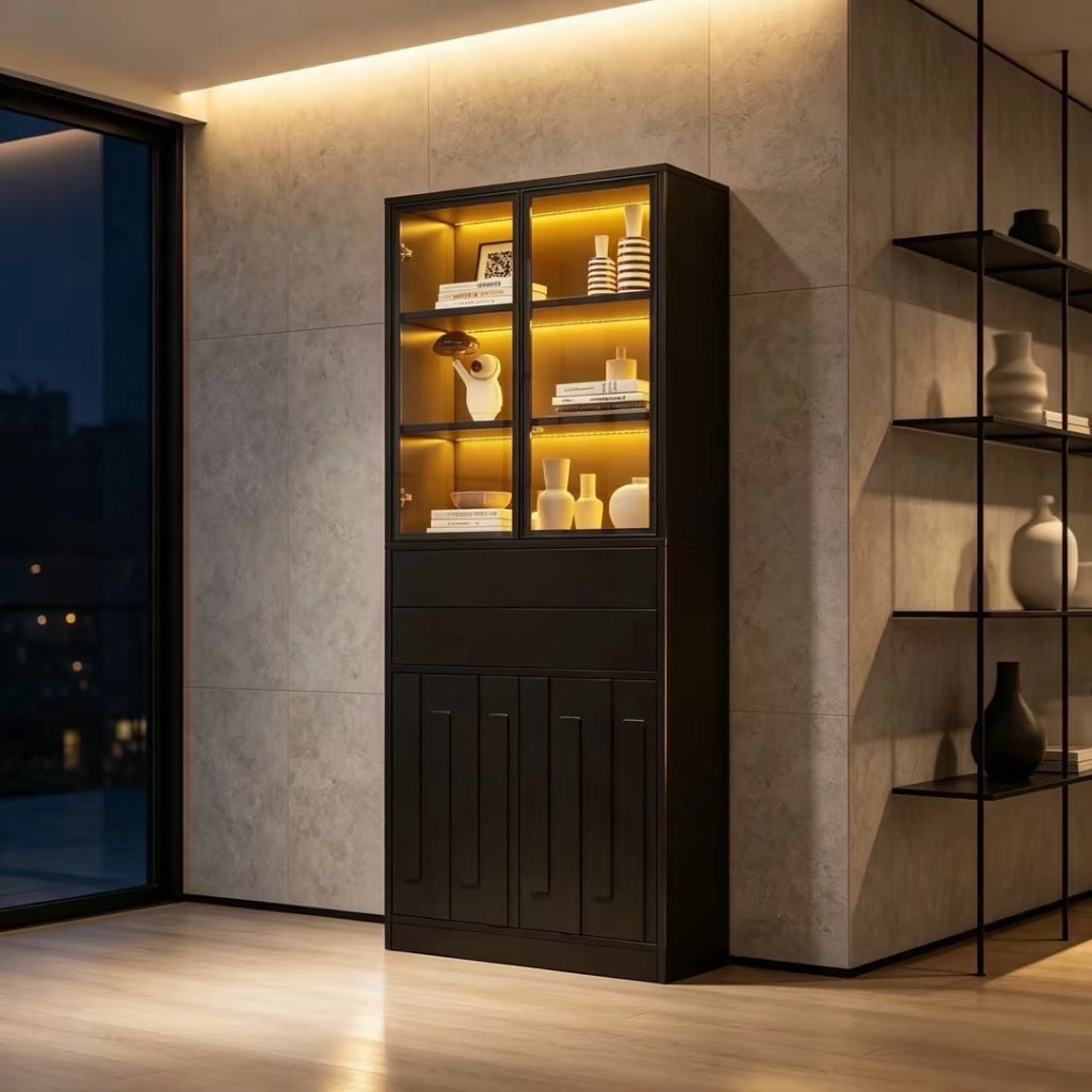Vetrina con 4 ante, 2 cassetti e LED - per soggiorno - 140×34×180 cm - nero