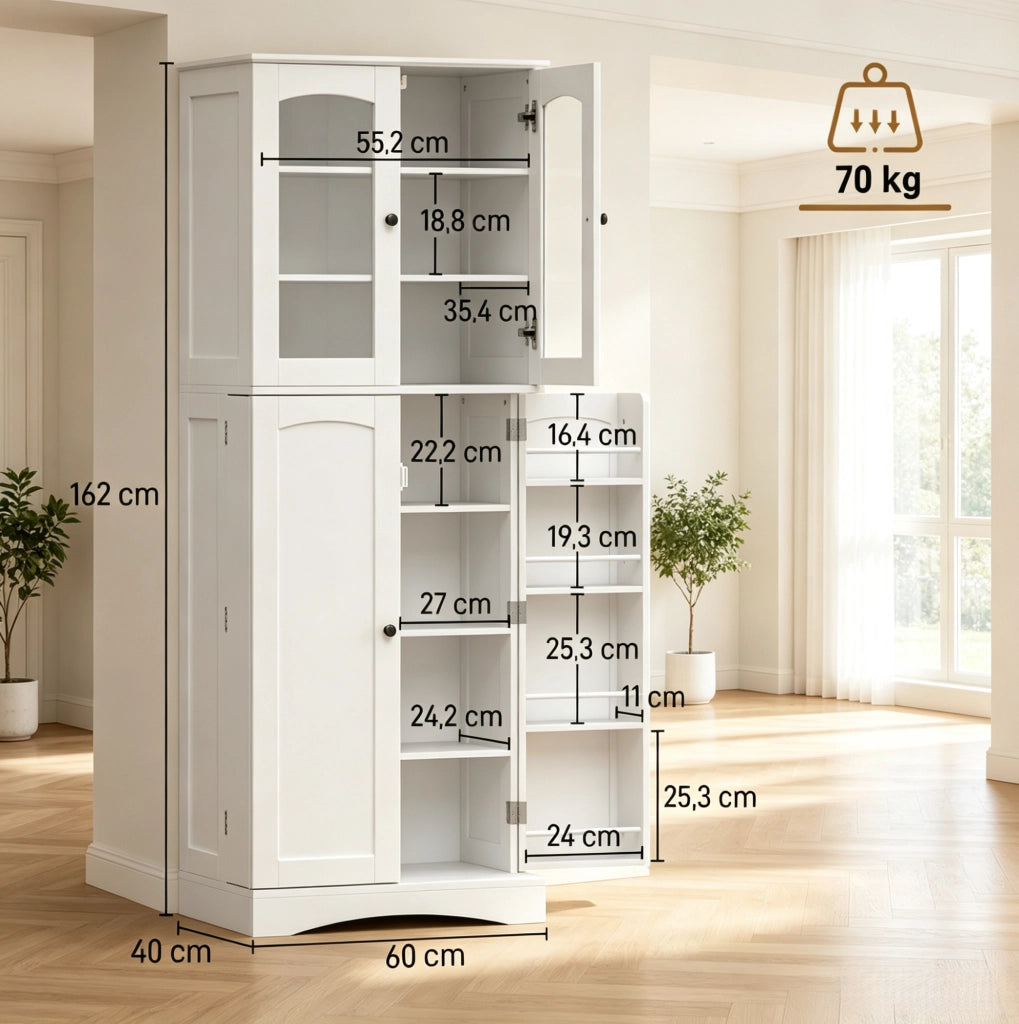 Mobile da cucina bianco con vetrine e ripiani regolabili, 60 × 40 × 162 cm