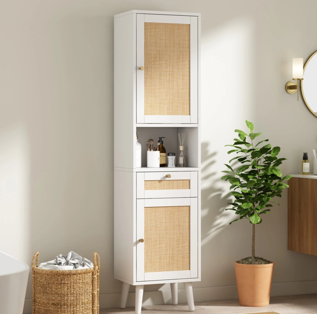 Mobile alto da bagno bianco 40 x 30 x 166 cm con ante reversibili e cassetto