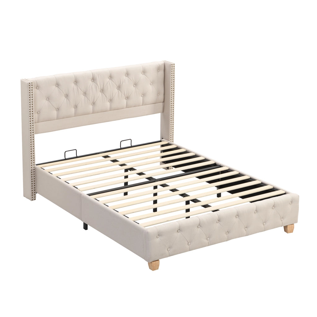 Letto imbottito 140x190 cm con rete a doghe e testiera capitonné in lino beige