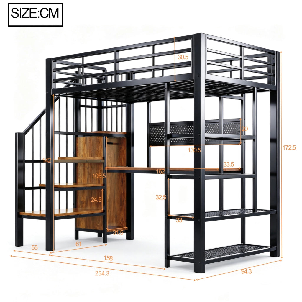 Letto a soppalco 90x200 cm con scrivania; scala contenitore; LED e prese; in metallo e legno; nero