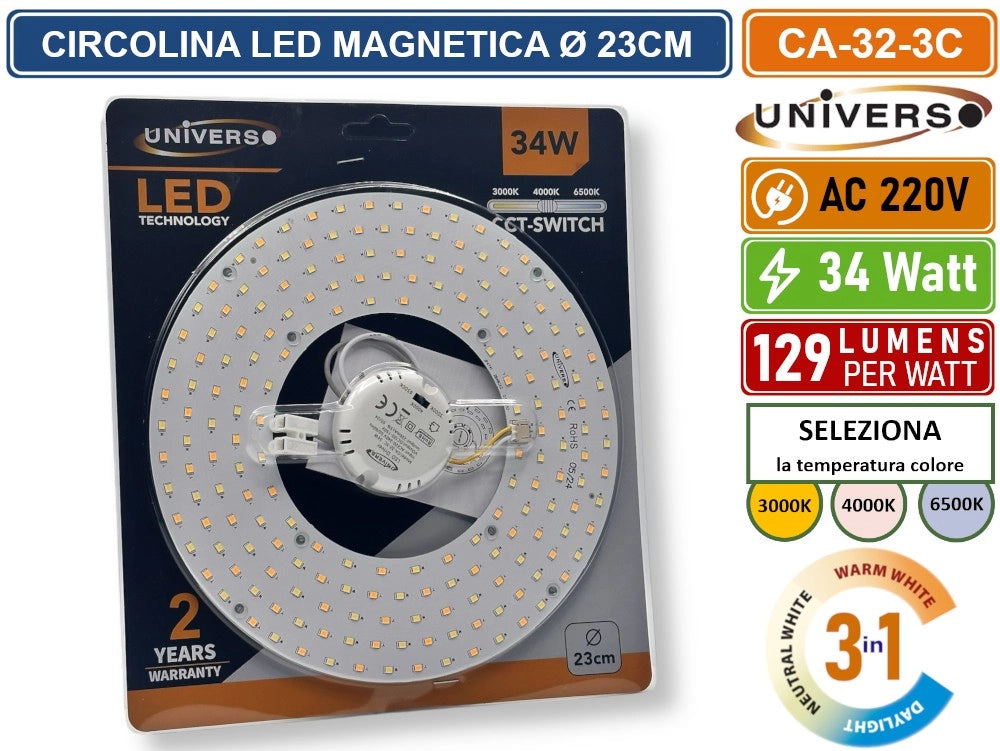 CIRCOLINA MAGNETICA NEON LED PIASTRA DISCO ANELLO PLAFONIERA CIRCOLARE LAMPADA T9 G10Q 34W Ø23CM COLORE LUCE SELEZIONABILE CCT 3IN1 3000K - 4000K -6500K