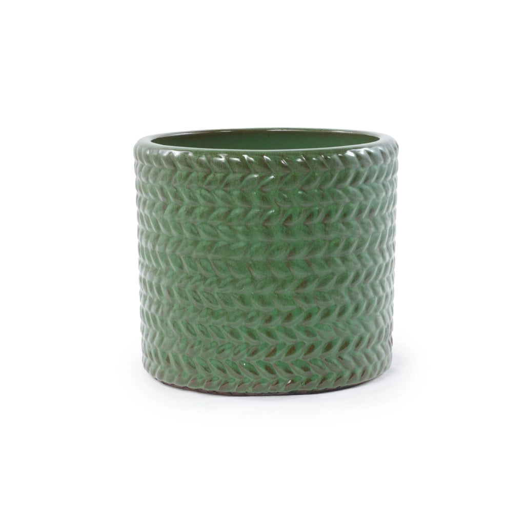 Vaso per piante in ceramica verde oliva lucido con motivo a spina di pesce