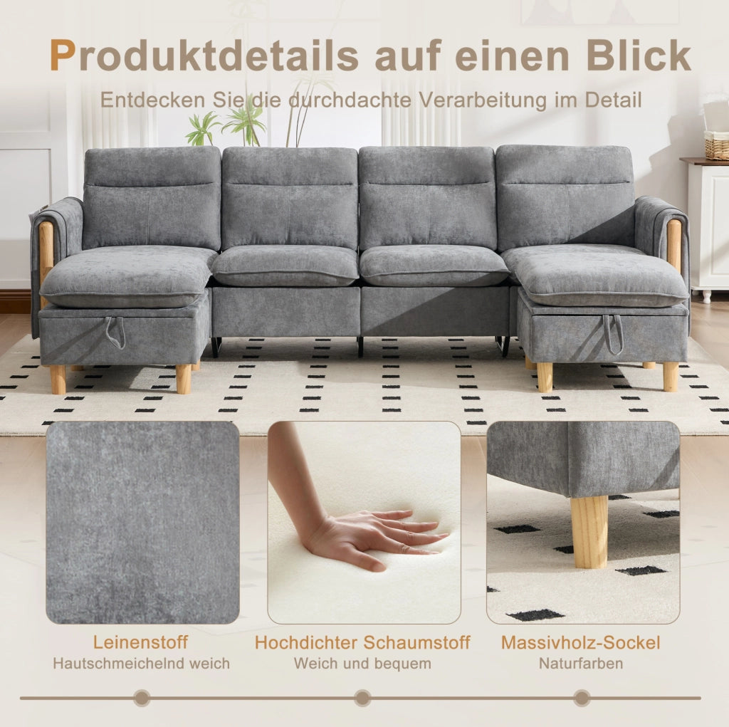 Divano modulare 4 posti in ciniglia grigio chiaro con 2 pouf contenitore
