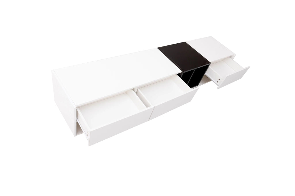 Mobile TV Lowboard in Bianco e Nero Lucido con Cassetti e Ripiani, 190x40x42 cm