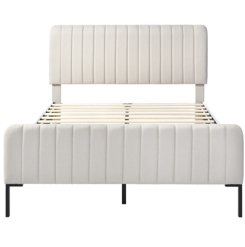 Letto matrimoniale imbottito 180x200 cm con rete a doghe e testiera regolabile in lino grigio-beige