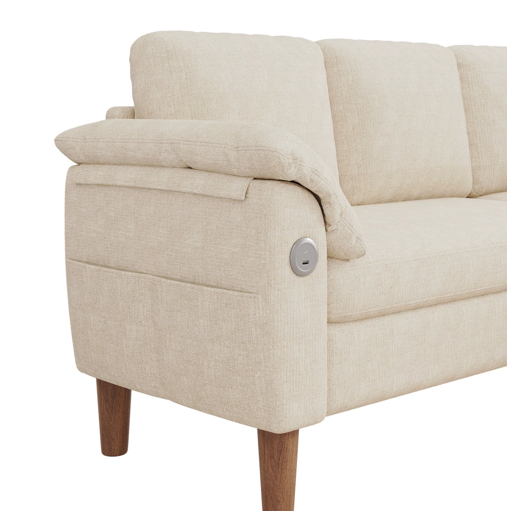 Divano angolare 3 posti beige in ciniglia con contenitore, USB e Type-C