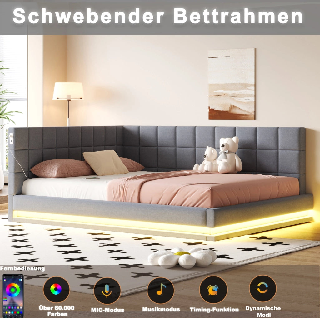 Divano Letto 160x200 in Lino con LED, USB e Rete a Doghe, Grigio