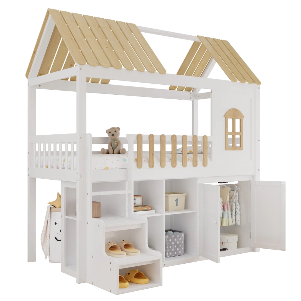 Letto a soppalco per bambini 90 × 200 cm con armadio e ripiani in legno bianco e naturale con finestra