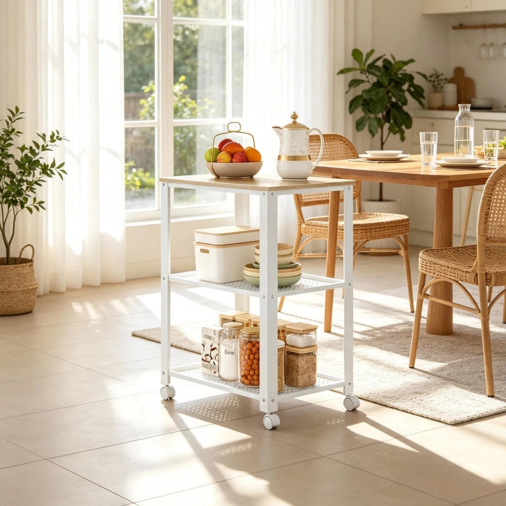Carrello da cucina a 3 ripiani con ruote, bianco e rovere chiaro