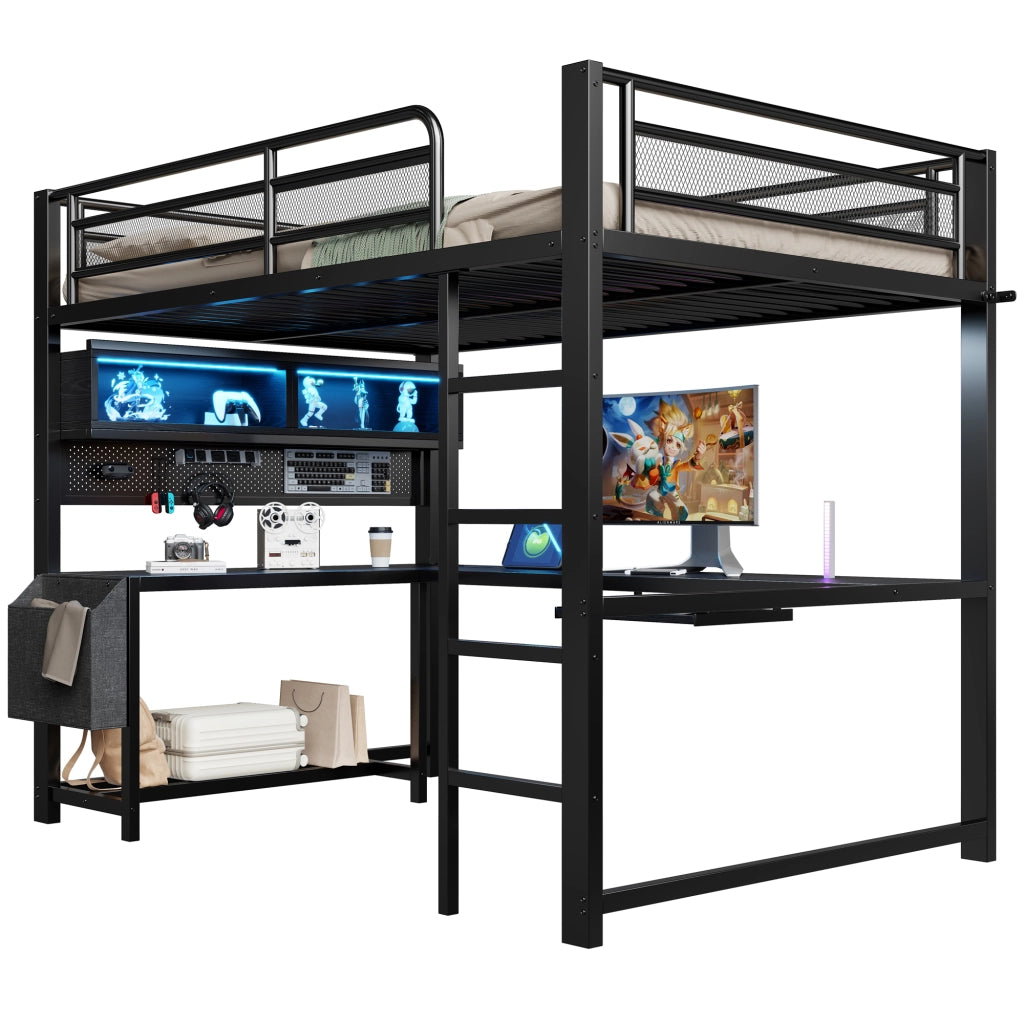 Letto a soppalco 140 × 200 cm con scrivania illuminazione led ricarica mdf e metallo nero