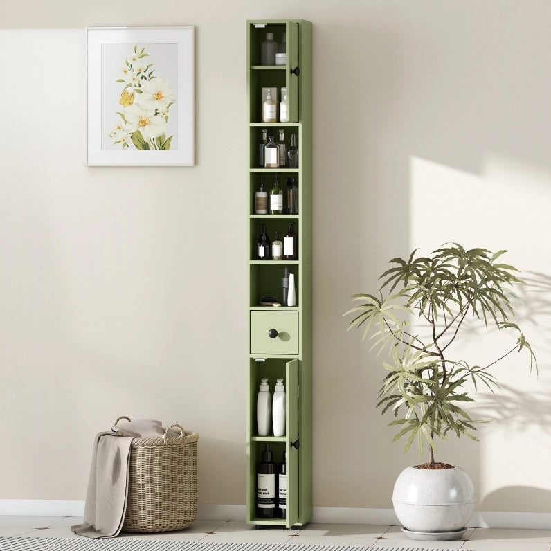 Colonna bagno sottile verde con cassetto e 4 ripiani aperti, 180 x 20 x 20 cm