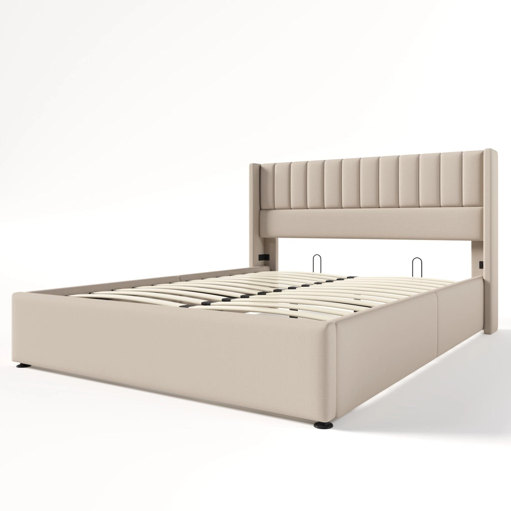 Letto contenitore matrimoniale beige 160x200 cm con sollevamento idraulico