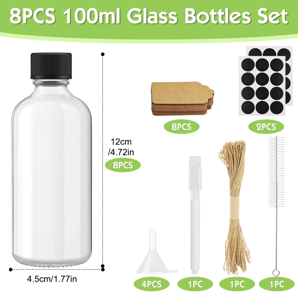 Set di 8 bottiglie di vetro da 100 ml con tappo, imbuto ed etichette