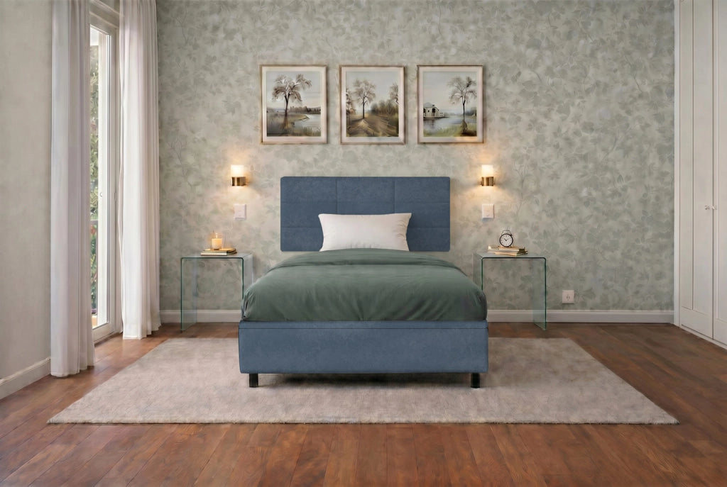 Letto Singolo Contenitore Imbottito 80x190 cm Microfibra Blu BoxMax Testata Square