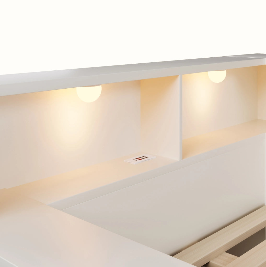 Letto con contenitore 140 x 190 cm bianco con luci e prese di ricarica
