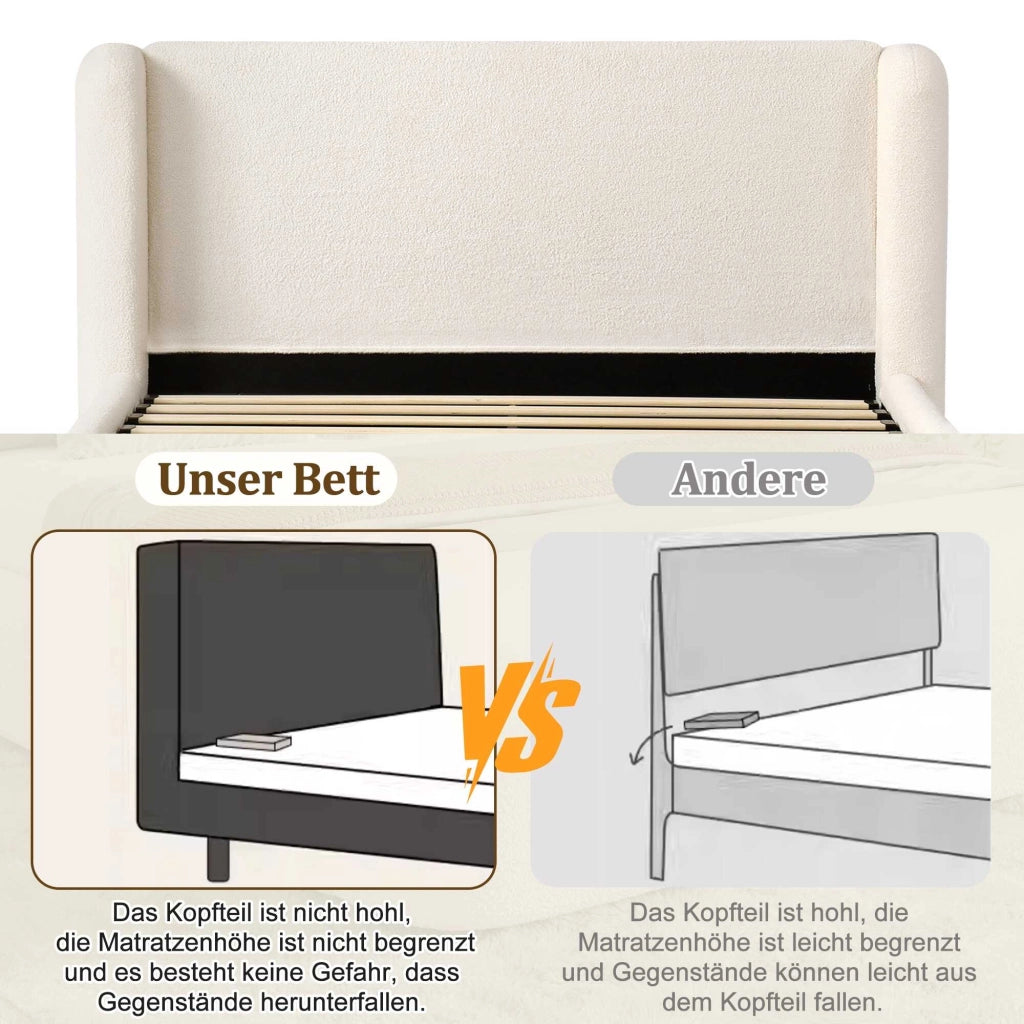 Letto contenitore alla francese Nexmon 140x190 cm con rete sollevabile e testiera imbottita sfoderabile; bouclé beige