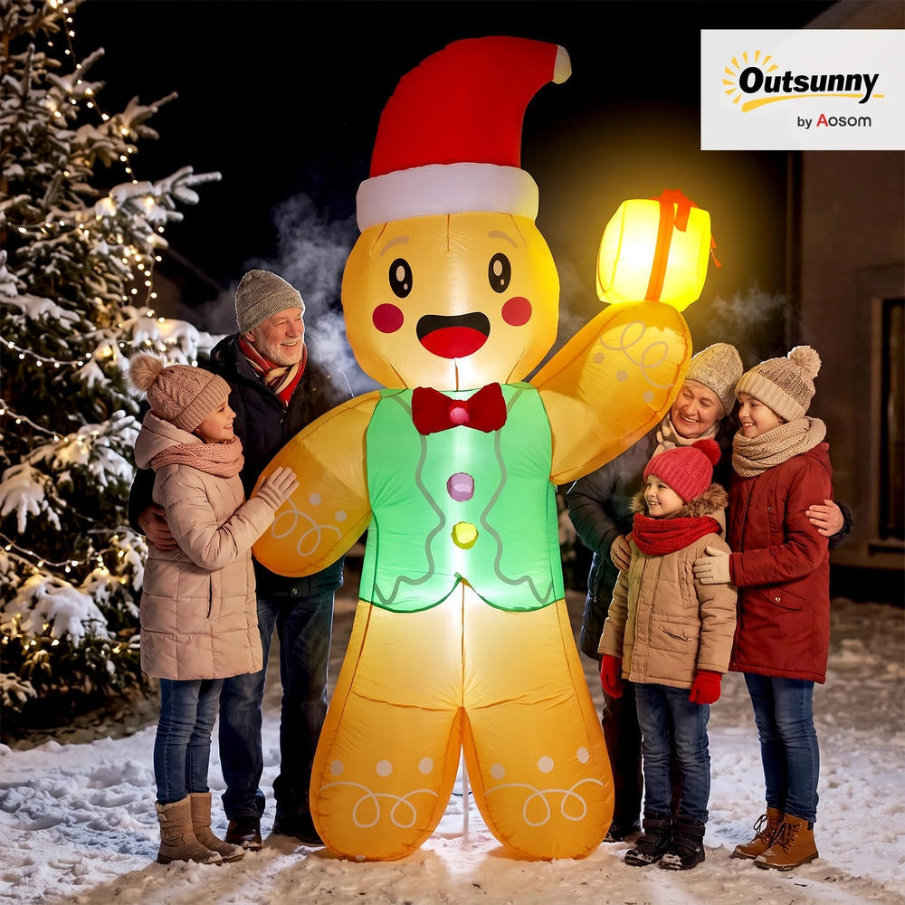 Omino di Pan di Zenzero Gonfiabile Natalizio con Pacco Regalo e Luci LED per Giardino ed Esterno 2,5 m