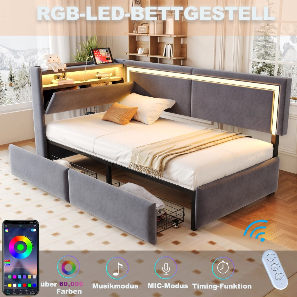 Divano letto singolo 90x200 cm con LED; USB; contenitore e cassetti in velluto grigio scuro