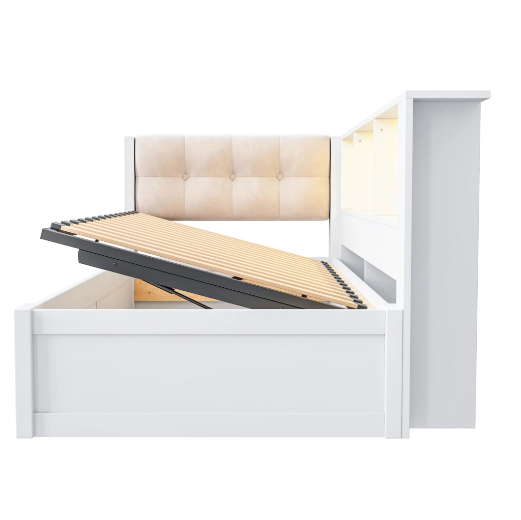 Letto singolo 90x200 cm in pino bianco con contenitore idraulico, LED regolabile, USB e scaffali laterali