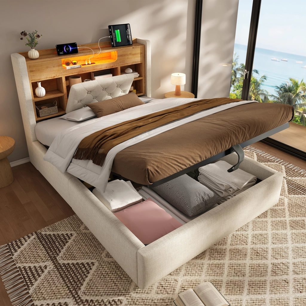 Letto singolo 90 × 200 cm con contenitore idraulico LED USB Type C in lino beige con testiera a ripiani