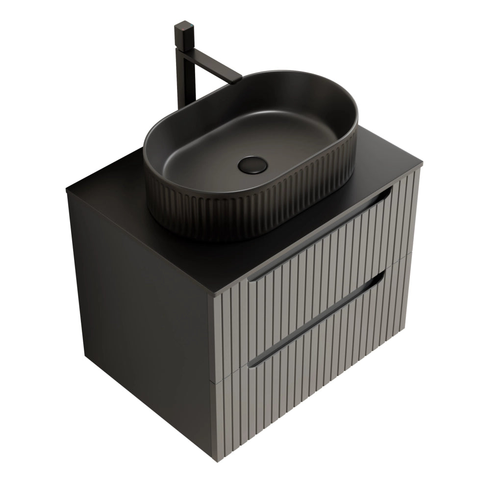 Mobile lavabo sospeso 60 cm nero e grigio scuro, lavabo ovale, 2 cassetti