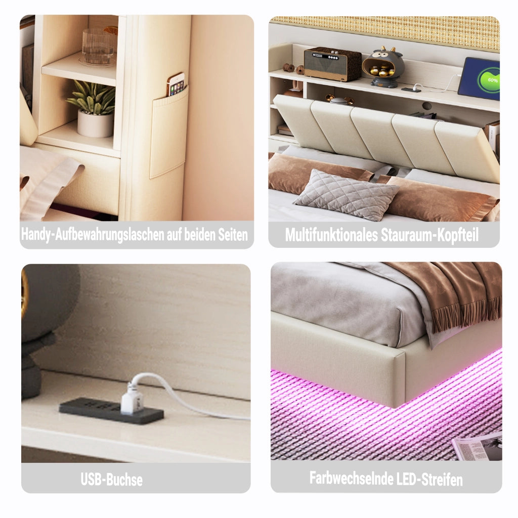 Letto matrimoniale imbottito 140 × 200 cm con USB e LED testiera contenitore in lino beige struttura in metallo