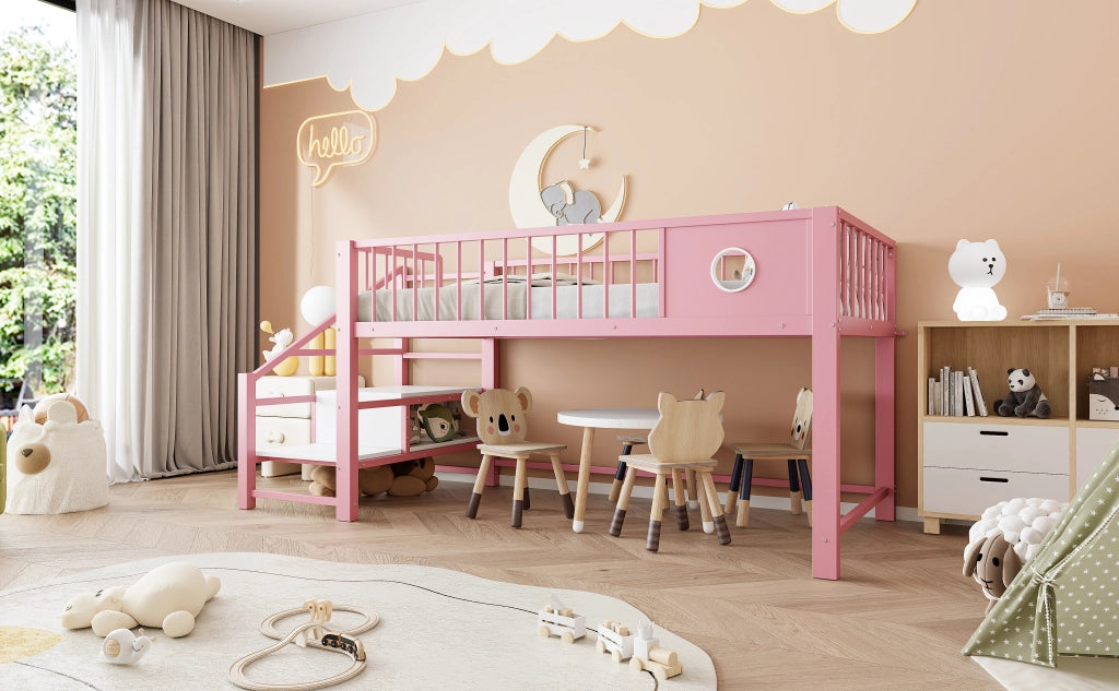 Letto a soppalco basso per bambini 90 × 200 cm con scala contenitore in metallo rosa salvaspazio