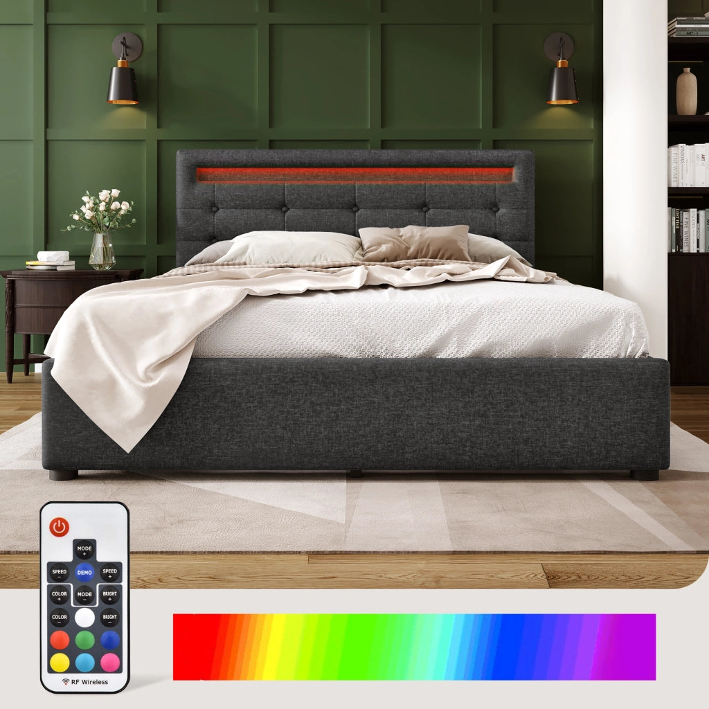 Letto matrimoniale 140 × 200 cm con LED e 4 cassetti in lino grigio testiera regolabile rete a doghe