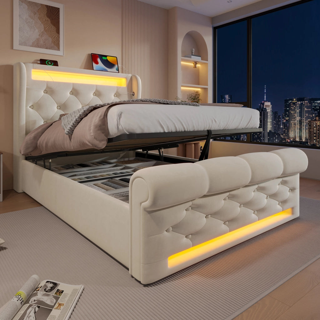 Letto contenitore 140 ¡Á 200 cm con LED; USB e Type-C; vano nella testiera; rivestito in lino grigio