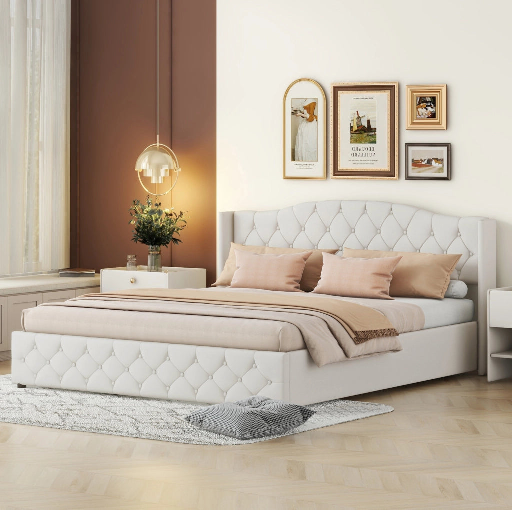 Letto matrimoniale 180x200 cm beige con contenitore idraulico e struttura robusta