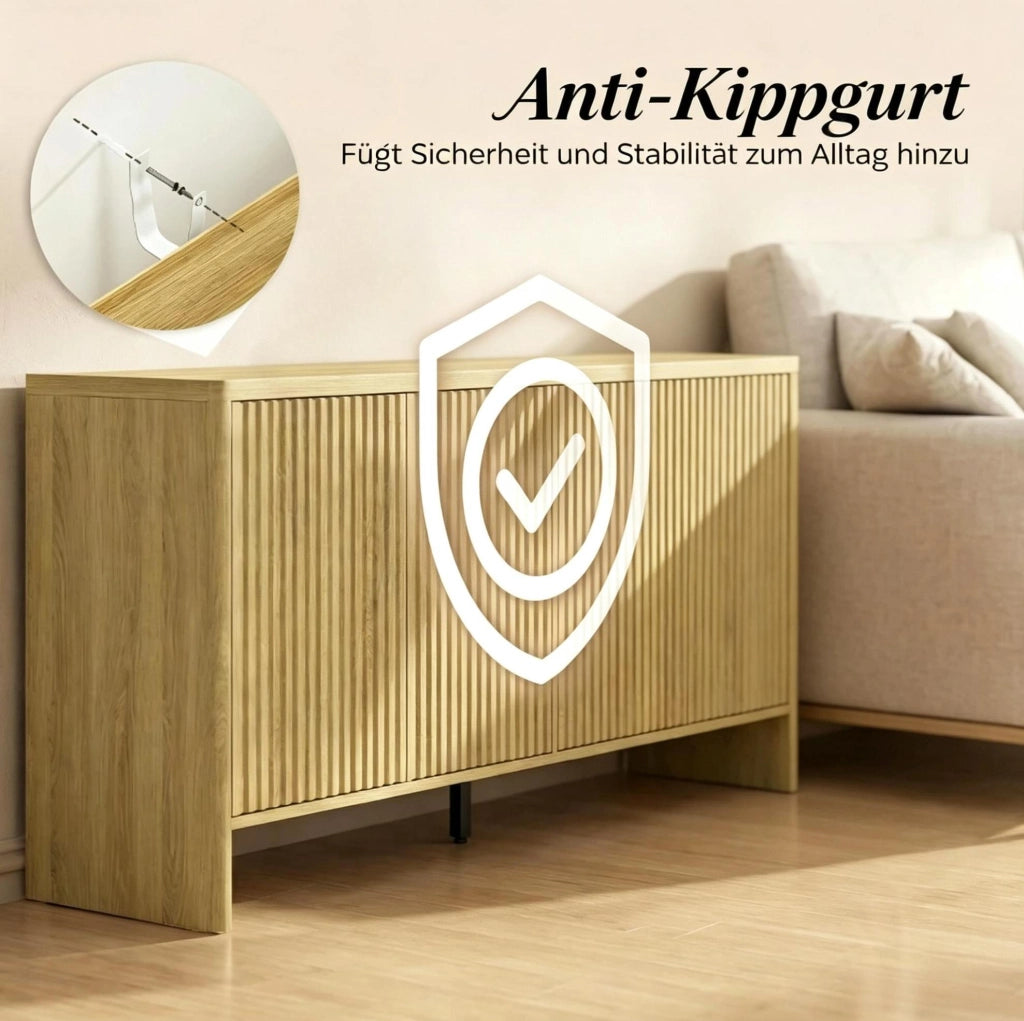 Credenza in MDF color rovere con ante scanalate e ripiani regolabili