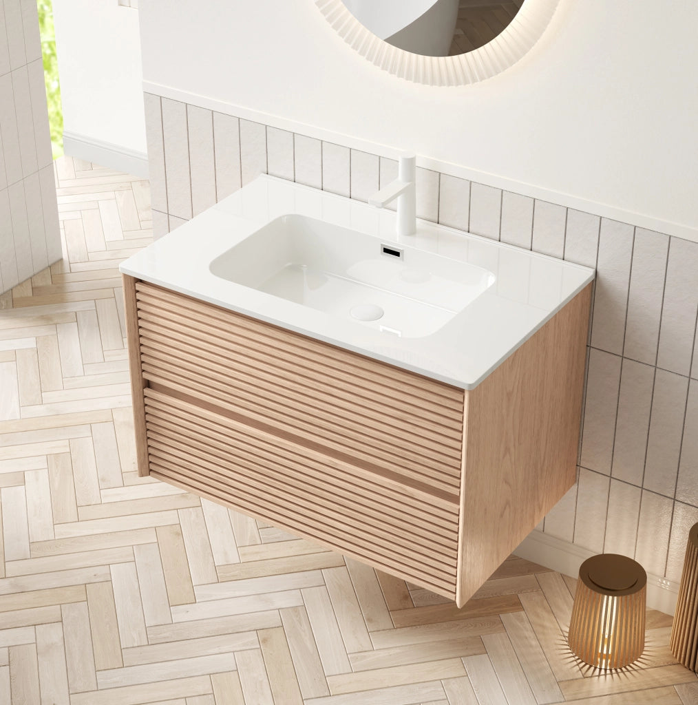 Mobile bagno da parete 81 cm con lavabo in ceramica bianca e armadietto in compensato effetto noce con 2 cassetti soft-close
