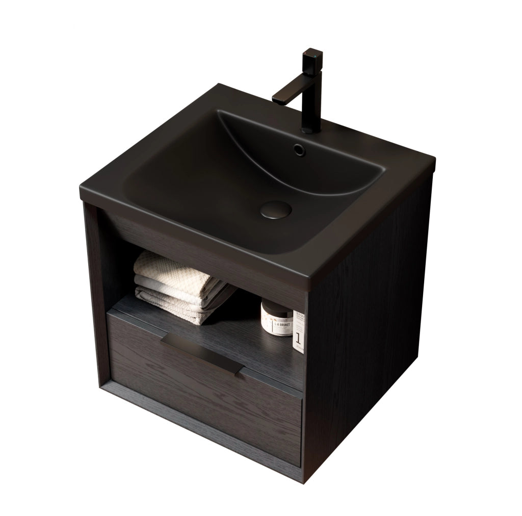 Mobile Lavabo Sospeso con Lavabo Integrato in Ceramica Nero e Rovere Scuro con Cassetto e Ripiano