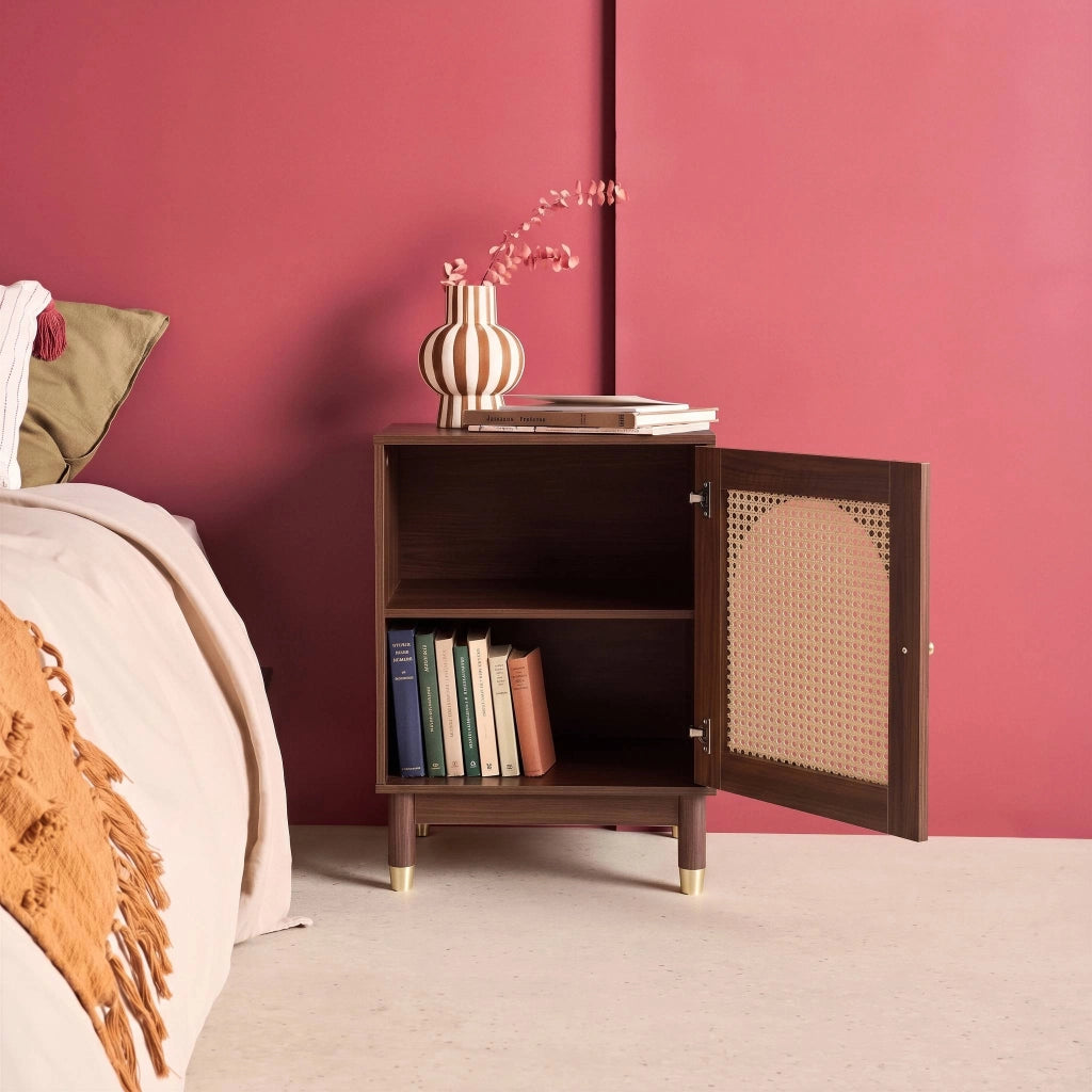 Comodino in effetto legno e cannage, 1 cassetto, 45x40cm, noce