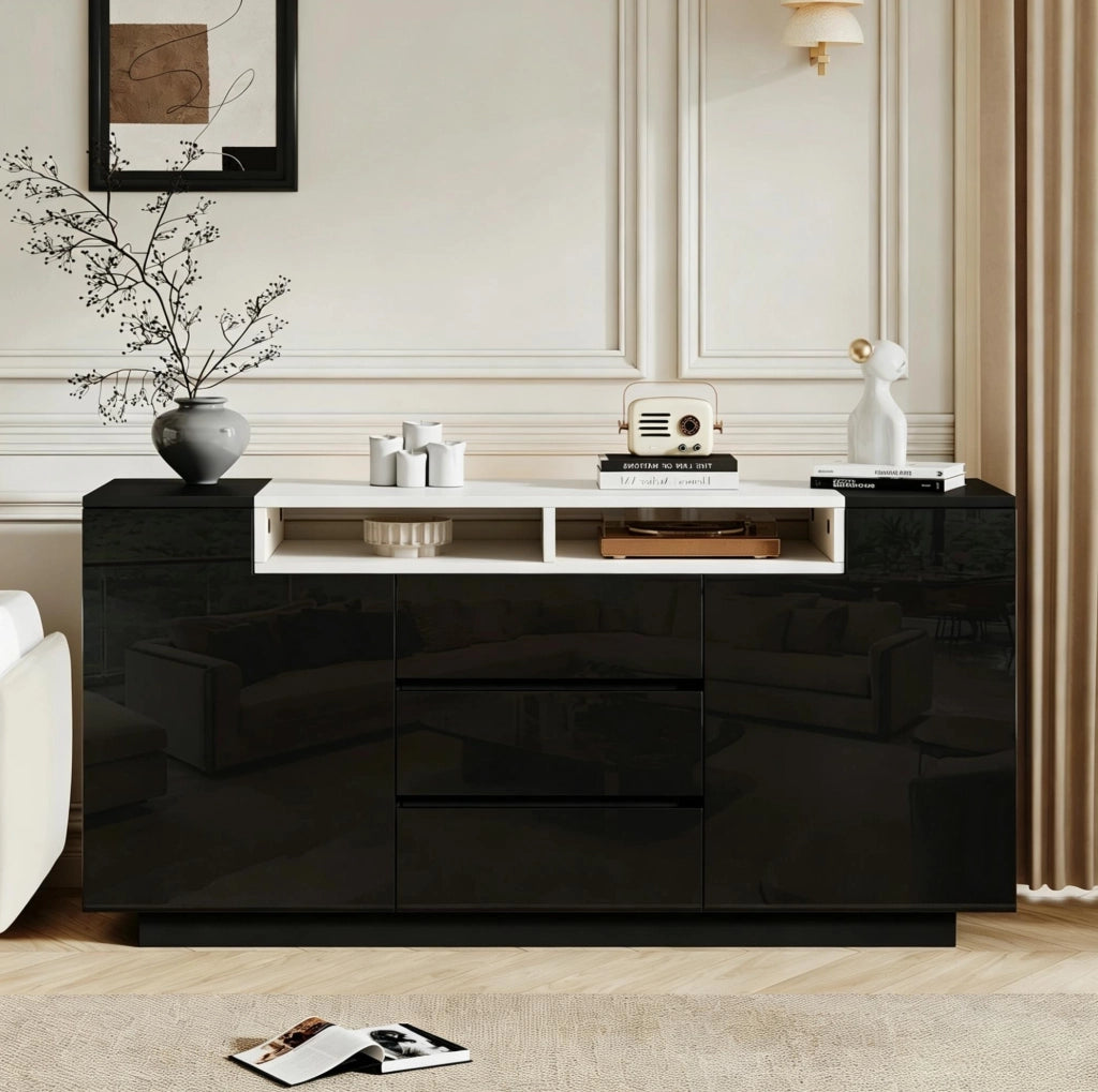 Credenza nera lucida 140 x 40 x 68 cm con cassetti e luci LED