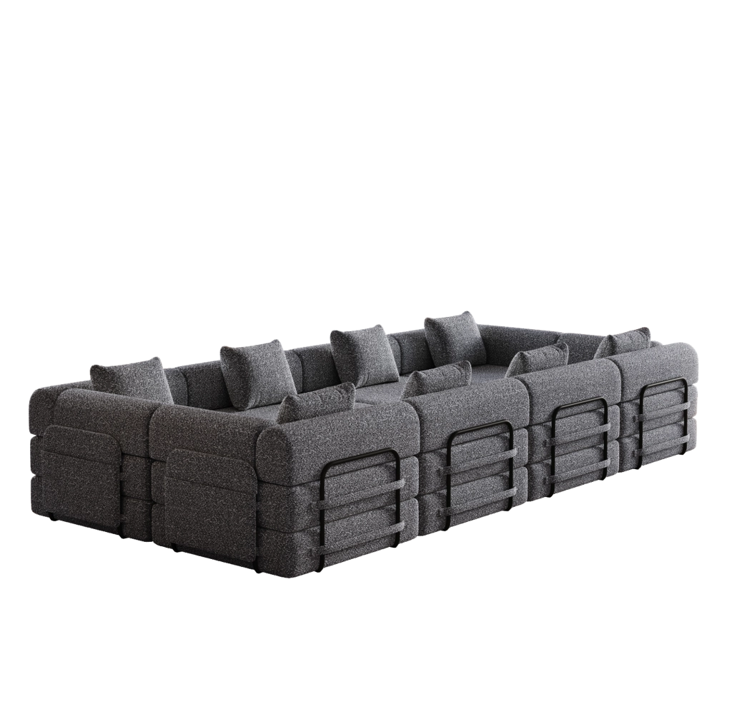 Divano letto singolo modulare con contenitore nel bracciolo e cuscini inclusi in tessuto chenille grigio