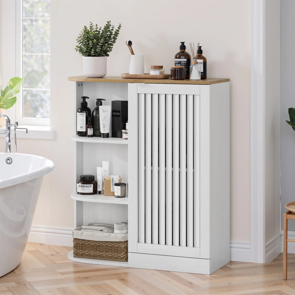 Mobile da bagno ad angolo 68 × 25 × 76 cm bianco e rovere con 3 ripiani aperti ante a griglia e ripiani regolabili