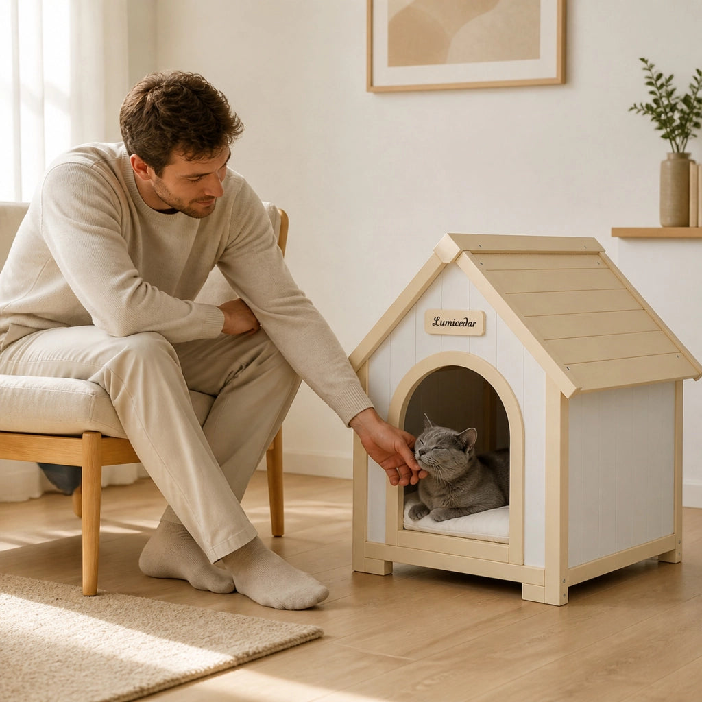 Cuccia per Cani e Gatti in Legno Massiccio FSC®, Design Scandinavo, Riparo Interno per Animali di Piccola Taglia