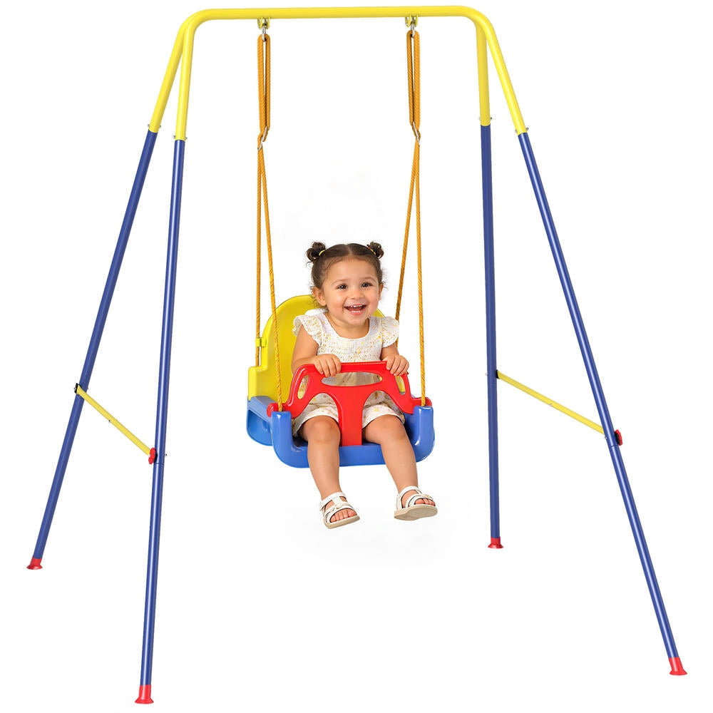 Altalena da giardino per bambini in acciaio e PP regolabile pieghevole con schienale blu 128x155x157 cm
