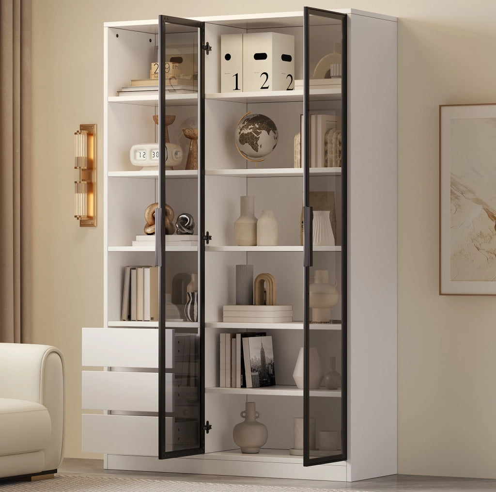Vetrina portavino bianca con ante in vetro, cassetti e luce a LED