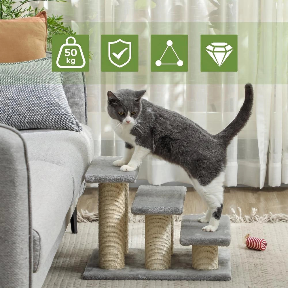 Scala per cani e gatti 3 gradini, plush grigio, per letto e divano, robusta e facile da usare, altezza 34 cm