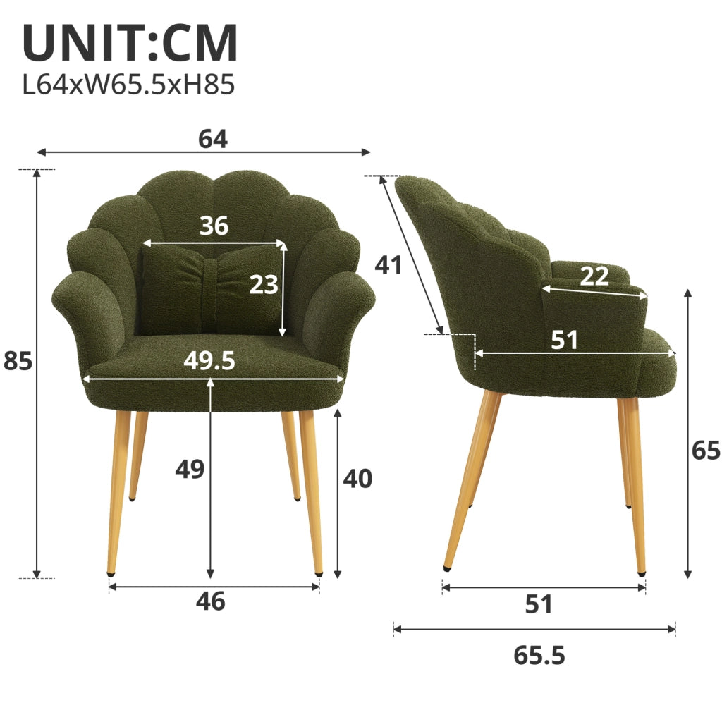 Poltrona 64x65;5x85 cm in tessuto peluche verde; schienale a petalo