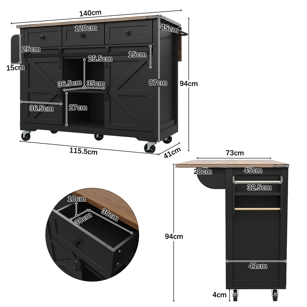 Isola cucina nera con piano pieghevole 140 cm