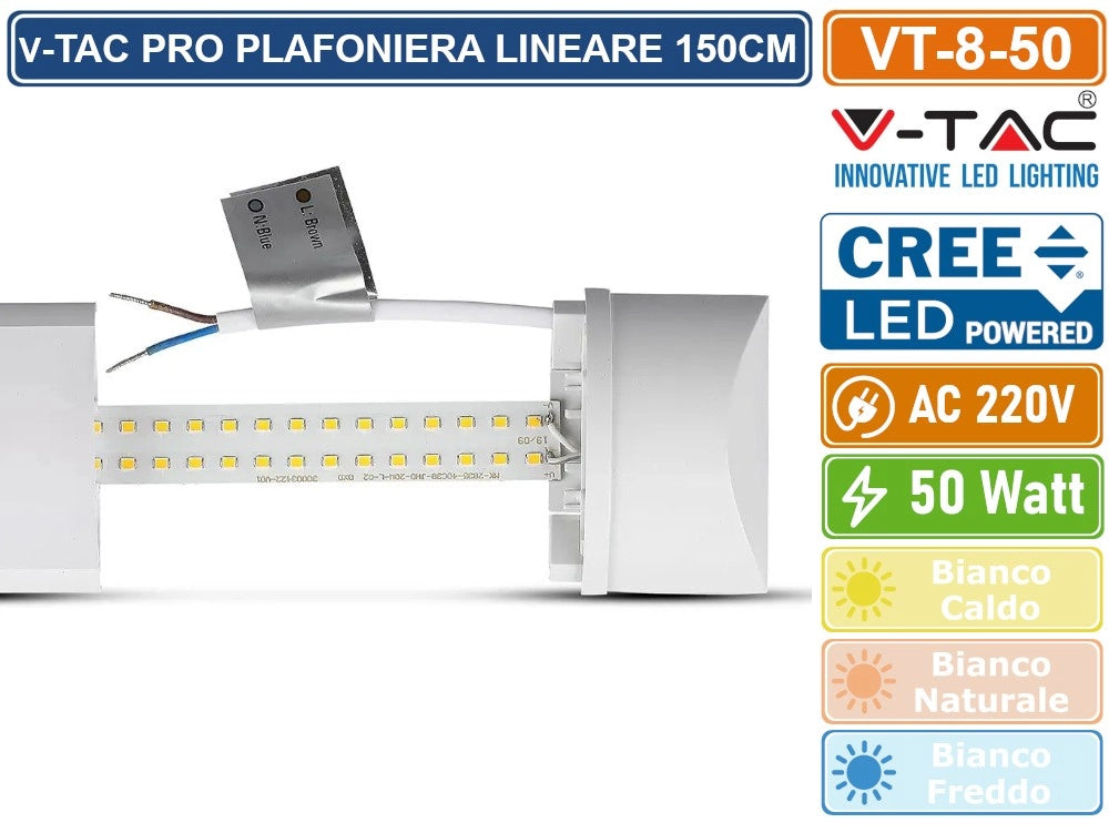 V-TAC VT-8-50 TUBO LED PRISMATICO PLAFONIERA 50W LAMPADINA 150CM CHIP LED CREE IP20 - Colore Luce:Bianco Freddo