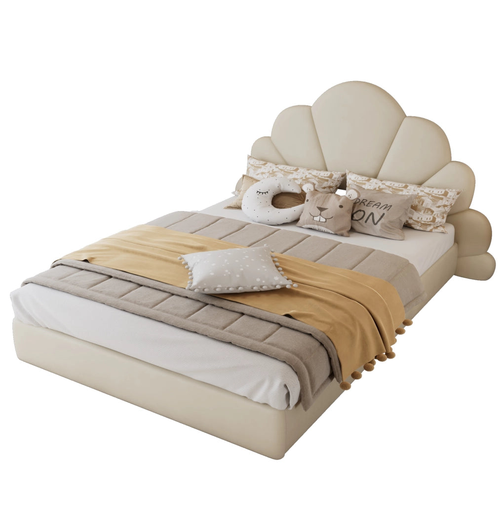 Letto imbottito 140x200 beige in velluto con testiera floreale e materasso