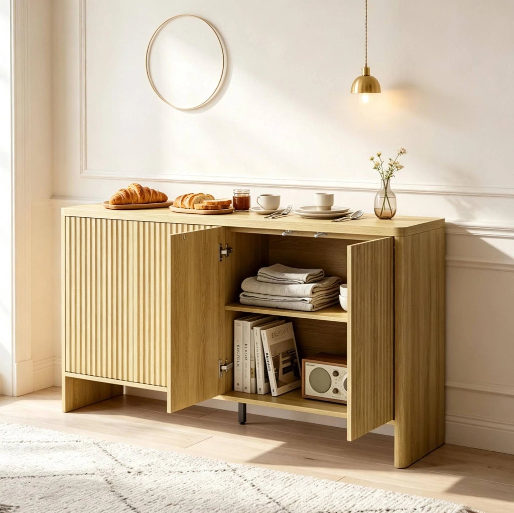 Credenza in MDF color rovere con ante scanalate e ripiani regolabili