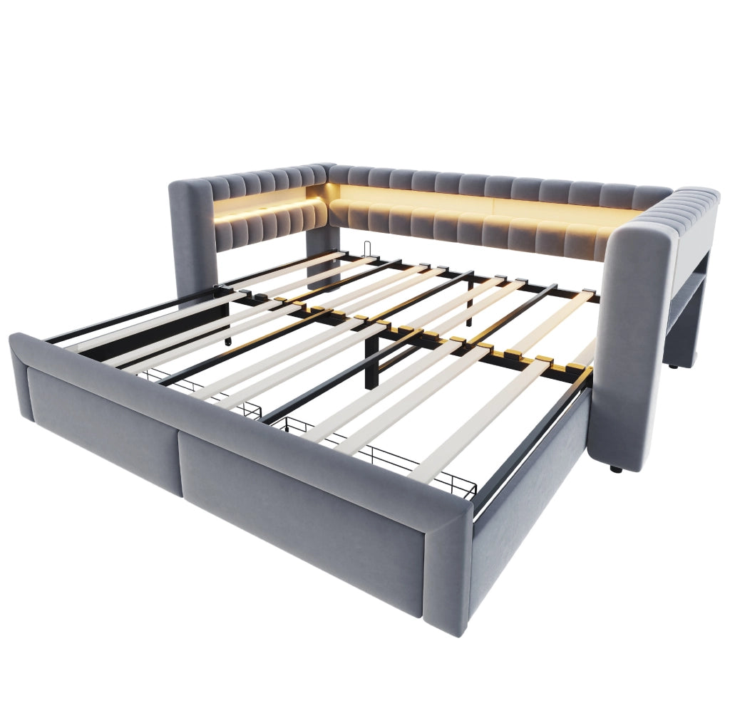 Divano letto estraibile in velluto grigio con cassetti e luci